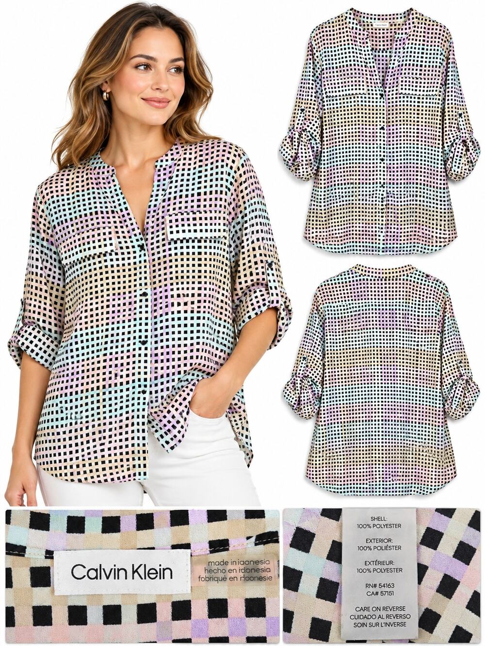Calvin Klein Pastel Grid Roll Tab Button Blouse